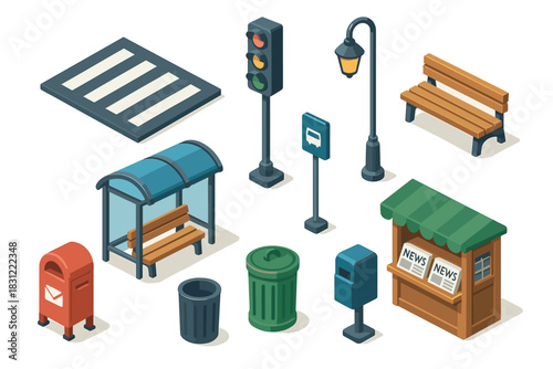 Urban Street Scene Elements Including Traffic Lights Benches Bus Stop and Newsstand