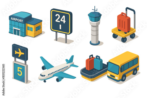 Airport Terminal Icons Featuring Airplane Control Tower Luggage Cart and Baggage Area
