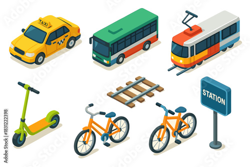 Collection of Various Urban Transportation Vehicles Including Taxi Bus Train Bicycle and Scooter