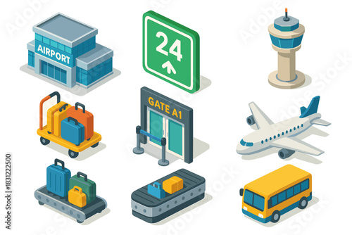 Isometric Airport Icons Featuring Check In Gate Signs Luggage and Airplane on Black Background