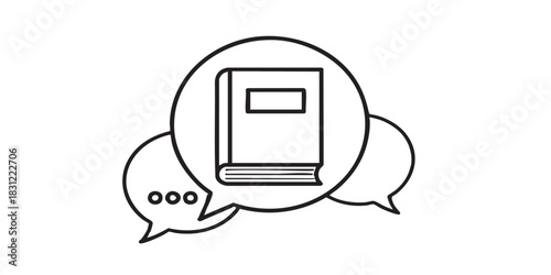Book in talk dialog bubble thin line icon, book festival concept. Vector graphics. Story textbook on speech bubble, reading sign on white background, style icon mobile or web desig