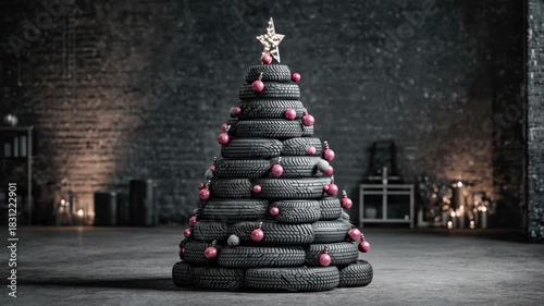 Creative christmas tree made from tires adorned with festive ornaments