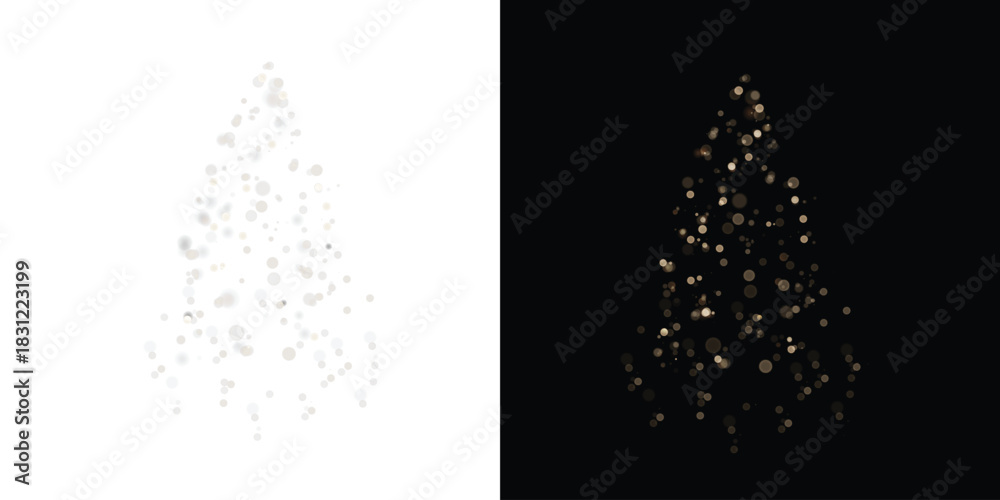 Fototapeta premium A glowing Christmas tree made of warm lights on a black background for holiday decorations, winter banners, and New Year's compositions. Vector 