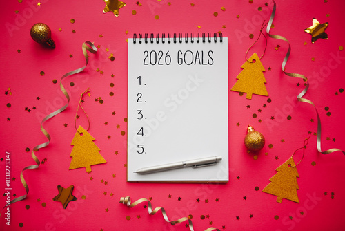 2026 goals list with festive decorations on blue background. Creative New Year planning and resolution concept with copy space for motivational or holiday-themed projects.