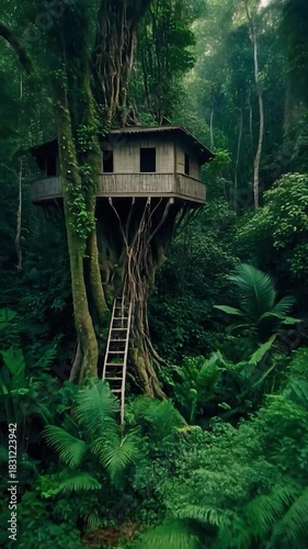 Wooden dwelling built high within the trunk of a massive tree surrounded by dense jungle foliage