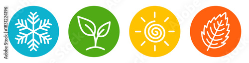 Four seasons vector icons with snowflake, sprout, sun and leaf. Minimal line design representing winter, spring, summer and autumn.