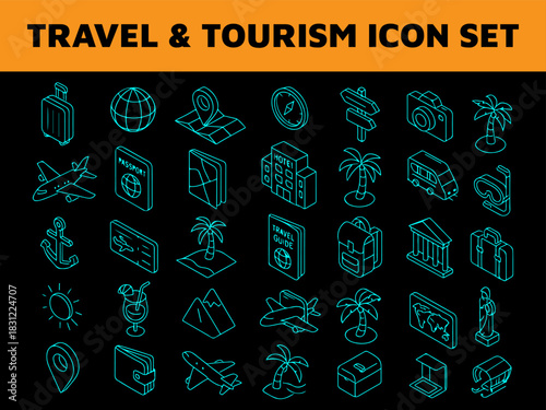 3D Line Art Travel Icons – Minimal Isometric Tourism & Vacation Outline Set