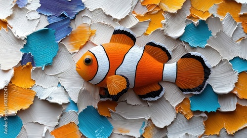 A vibrant image of a clownfish resting on a textured, colorful background. The artwork has a strong artistic feel.