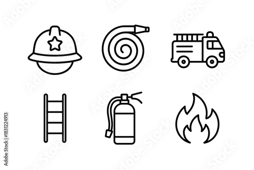 Emergency Response Icons Featuring Firefighter Gear Fire Truck Fire Hose Ladder and Fire Extinguisher