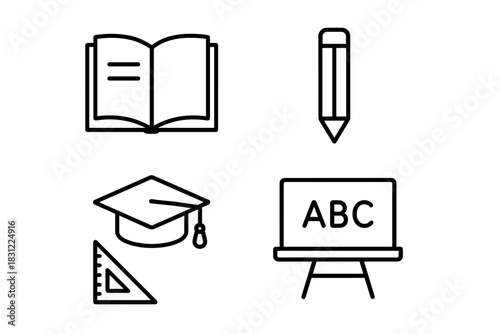 Educational Elements Including Book Pencil Graduation Cap Ruler and Chalkboard