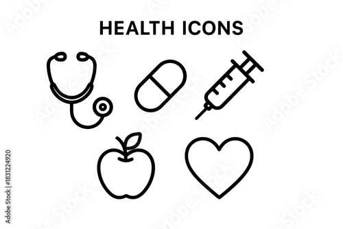 Health Icons Including Stethoscope Pill Syringe Apple and Heart in Simple Black Line Design