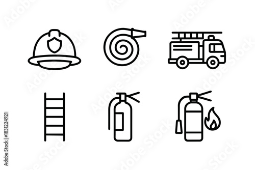 Fire Safety Equipment Icons Including Helmet Ladder Fire Truck Hose and Extinguisher