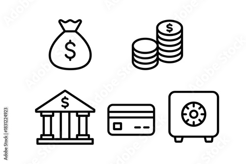 Financial Elements Featuring Currency Symbols Coins Bank Safe and Credit Card on White Background