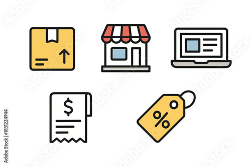 Iconic Display of E-commerce and Retail Elements Including Box and Laptop with Digital Receipt