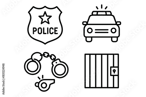 Icons Representing Law Enforcement Elements Including Police Badge Handcuffs Patrol Car and Jail