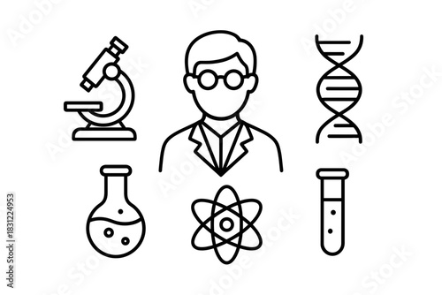 Illustration of a Scientist with Laboratory Equipment and Molecular Structures in Black and White