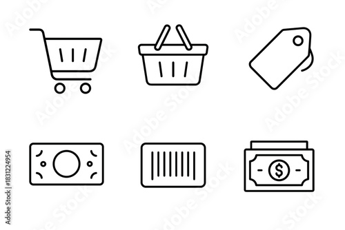 Illustration of Shopping Icons Including Cart Basket Price Tag Money and Cash on White Background