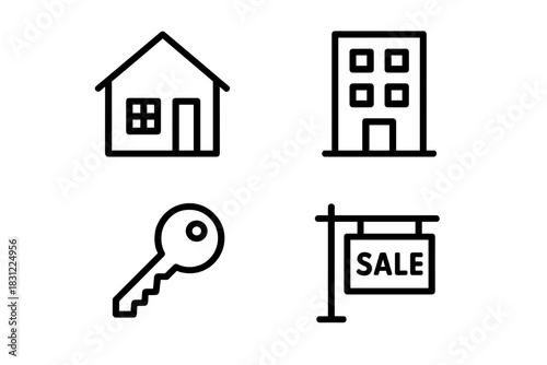 Line Art Icons Representing Real Estate Concepts Including House, Apartment, Key, and Sale Sign