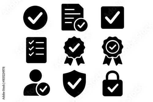 Set of Black Checkmark Icons for Digital Documentation and Approval Process