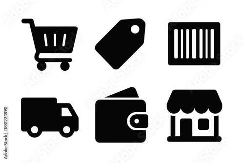 Shopping Cart and Icons Representing Retail and E-Commerce on Black Background
