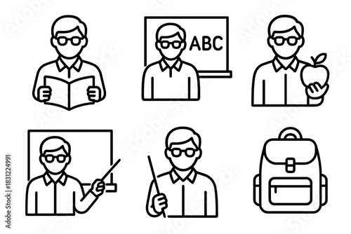 Set of Teacher Icons in Various Educational Activities Including Reading Teaching and Holding Apple