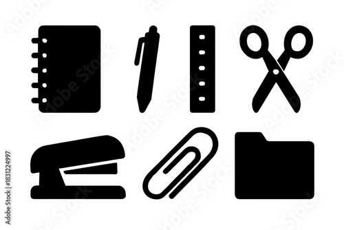 Silhouetted Office Supplies Including Notebook Pen Ruler Scissors Stapler Paperclip And Folder
