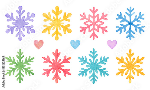 Watercolor snowflake set, preppy winter vector collection. Decorative colorful snowflakes in various shapes 
