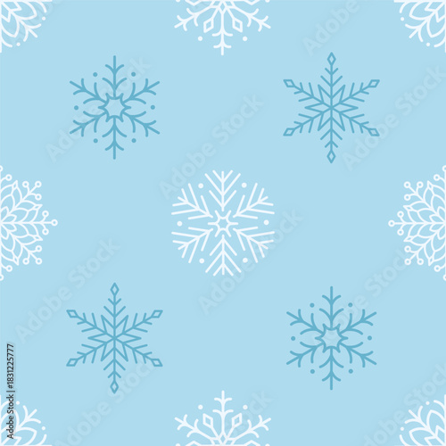 Seamless pattern with cute minimalist snowflakes. Gentle winter holiday design for Christmas, New Year. Perfect for banner, wallpaper, wrapping paper, background, card, poster. Vector illustration