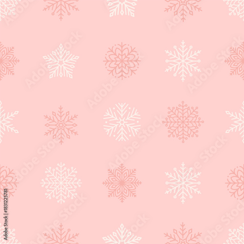 Seamless pattern with cute minimalist snowflakes. Gentle winter holiday design for Christmas, New Year. Perfect for banner, wallpaper, wrapping paper, background, card, poster. Vector illustration