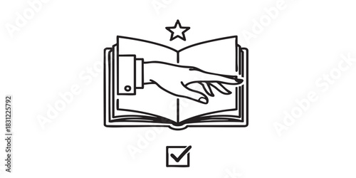 Book with likeness hand thin line icon, book festival concept. Vector graphics. Textbook and positive review, reading sign on white background, style icon mobile or web desig