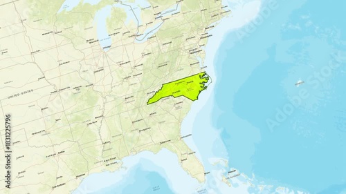 Map of North Carolina weather with potential disaster or heavy weather overlay, map of United States Eastern seaboard showing North Carolina weather patterns