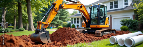 Excavator machine digging trench on lawn near house with white pipes. Excavator machine works in progress with soil near drainage system, laying new plastic pipes.