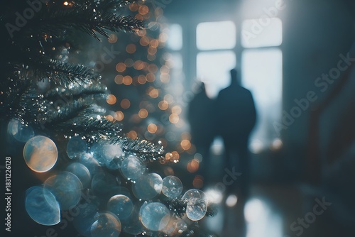 A lonely Christmas tree branch with sparkling lights in sharp focus, contrasting with the blurred silhouettes of people, symbolizing isolation and the feeling of distance during the holiday season.