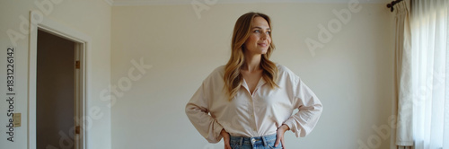 Woman in empty room looks pensive, enjoying moment of solitude. Woman in empty room contemplates future in new house, with blank wall providing opportunity for fresh start.
