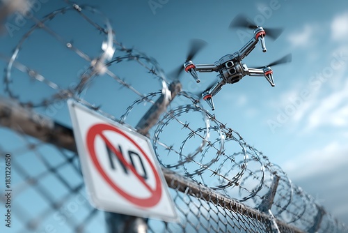 A quadcopter drone flies above a barbed wire security fence with a 