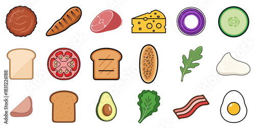 Collection of flat design vector icons for sandwich and burger ingredients, isolated on white.