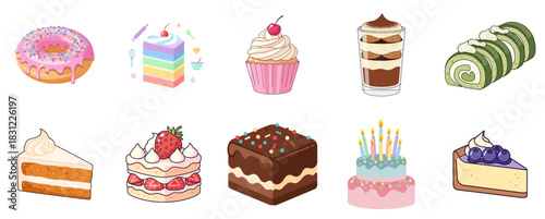 Set of colorful dessert illustrations including donut, cakes, and pastry, isolated vector collection.
