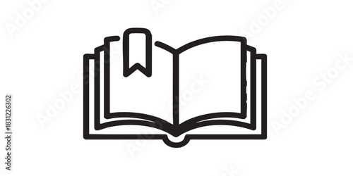 Bookmark sticker with book thin line icon, book festival concept. Vector graphics. Sticker of textbook reading, bookmark sign on white background, style icon mobile or web design.