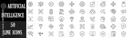 AI line icon set. Artificial intelligence and future tech icons with machine learning, neural network, algorithm, automation, chatbot, analytics and innovation symbols for tech projects