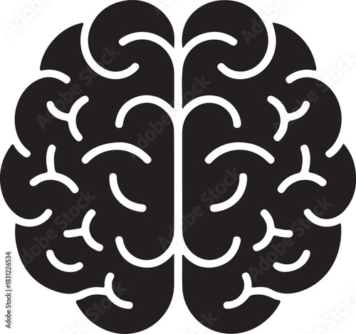 Symmetrical stylized black brain icon prominently displays lobes and connecting structures on transparent backdrop