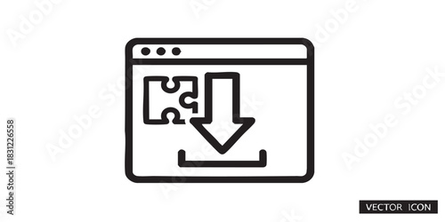 Website window with downloading arrow thin line icon, data hoarding concept. Vector graphics. Page of media content puzzle sign on white background, style icon mobile or web desi