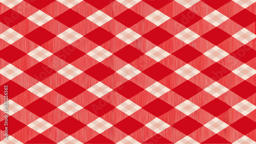 Classic red vichy gingham seamless pattern featuring vintage picnic tablecloth texture. Ideal for Italian pizzeria themes, retro fabrics, basket napkins, packaging, wrapping paper