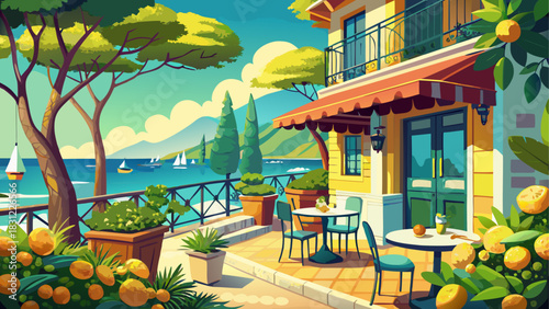Coastal Italian café with lemon trees on the terrace, offering a cinematic view of the turquoise Mediterranean Sea. Warm summer ambiance, bright sunlight, relaxed atmosphere, perfect for travel
