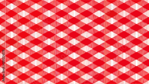 Classic red vichy gingham seamless pattern featuring vintage picnic tablecloth texture. Ideal for Italian pizzeria themes, retro fabrics, basket napkins, packaging, wrapping paper