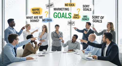 Confused Business Team Pointing Fingers Due to Lack of Clear Goals.
A humorous and chaotic depiction of a highly unproductive and confusing business meeting, illustrating a critical failure 