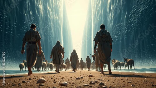 Moses leads the Israelites through the parted Red Sea. Biblical story of the Exodus and liberation. Divine miracle of faith and the journey to freedom