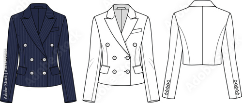 Double breasted tailored blazer technical flat sketch with peak lapel structured silhouette and button details, fashion apparel template, cad drawing flat vector illustration