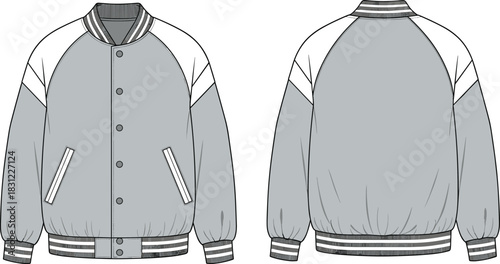 Varsity bomber jacket technical flat sketch with contrast sleeves striped rib collar cuffs and hem, fashion apparel template, cad drawing flat vector illustration