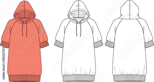 Hooded sweatshirt dress technical flat sketch with short puff sleeves ribbed hem and drawstring hood, casual fashion apparel template, cad drawing flat vector illustration