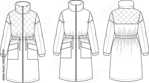 Quilted long jacket technical flat sketch with high collar drawstring waist and utility pockets, fashion apparel template for designers, cad drawing flat vector illustration